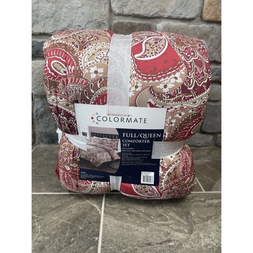 Colormate Full/Queen Comforter Set Paisley Red Tan Microfiber Sears New 3 Piece